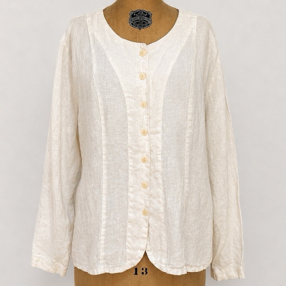 FLAX 100% Linen Button Front Blouse Top Large Cream Lagenlook Cottagecore